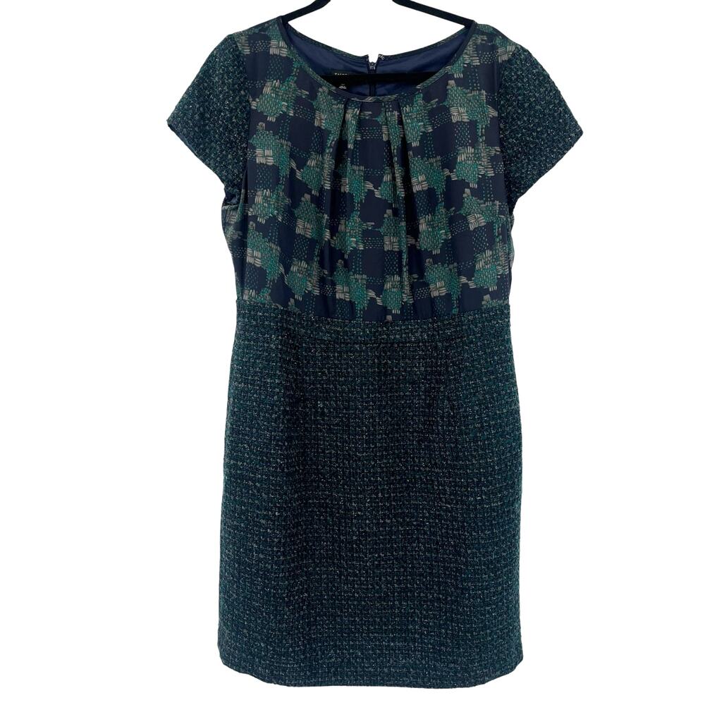 TALBOTS Tweed Dress Sz 16P Blue Green Dark Academia Mixed Media Metallic Preppy